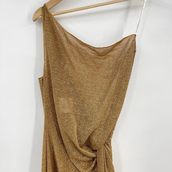 Oseree | SS24 Lumière Knot Dress Toffee Gold Glitter One Shoulder Midi Dress M-L - Picture 8 of 16